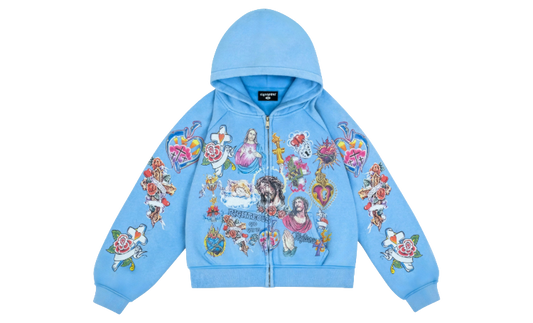 WE ARE RIGHTEOUS RISEN KING CROPPED ZIP UP HOODIE BLUE