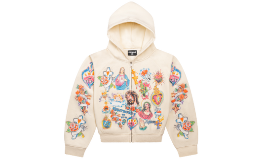 WE ARE RIGHTEOUS RISEN KING CROPPED ZIP UP HOODIE CREAM